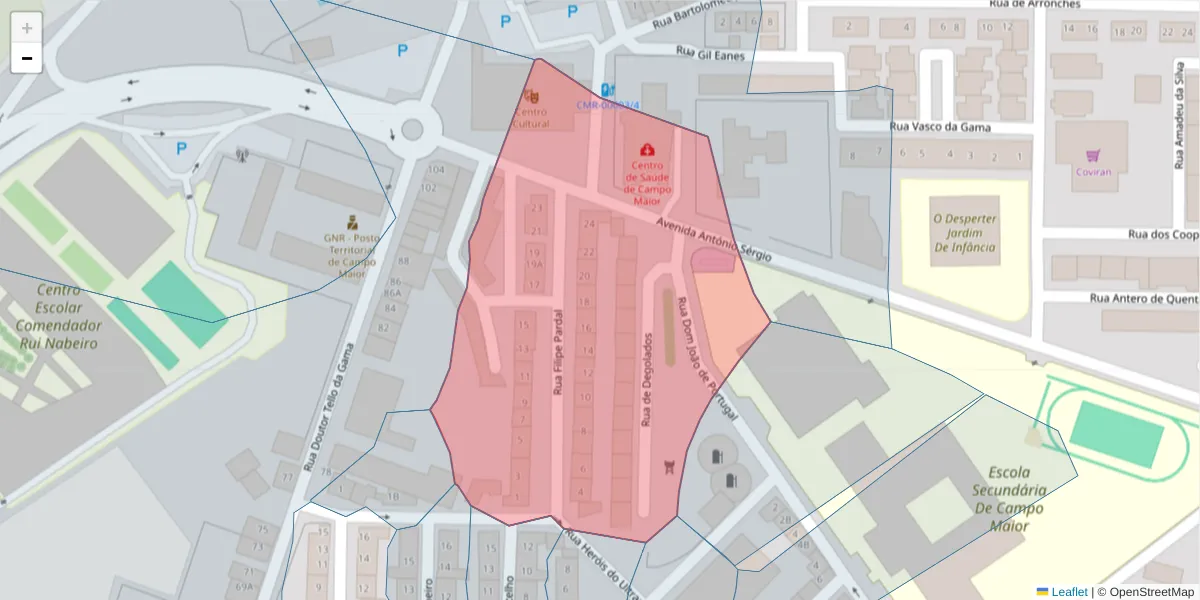 Mapa detalhado do código postal 7370-089 com limites, códigos postais vizinhos e agências dos correios