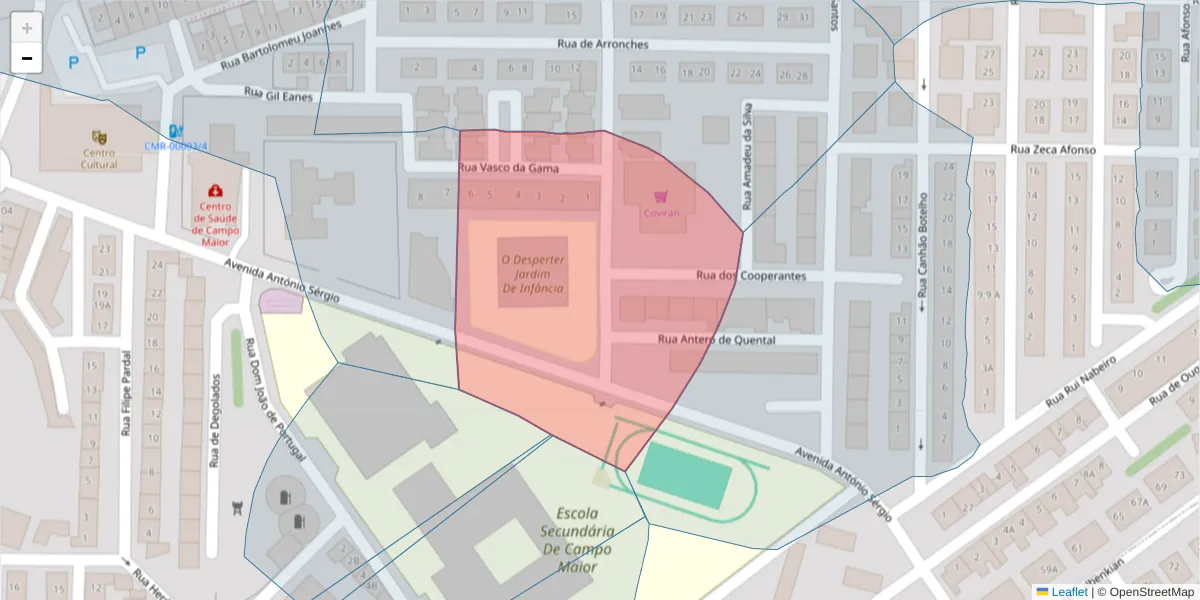 Mapa detalhado do código postal 7370-090 com limites, códigos postais vizinhos e agências dos correios