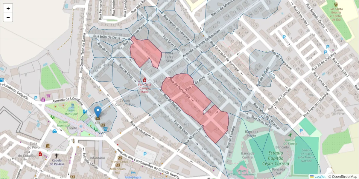 Mapa detalhado do código postal 7370-096 com limites, códigos postais vizinhos e agências dos correios