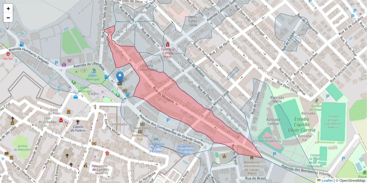 Mapa detalhado do código postal 7370-098 com limites, códigos postais vizinhos e agências dos correios