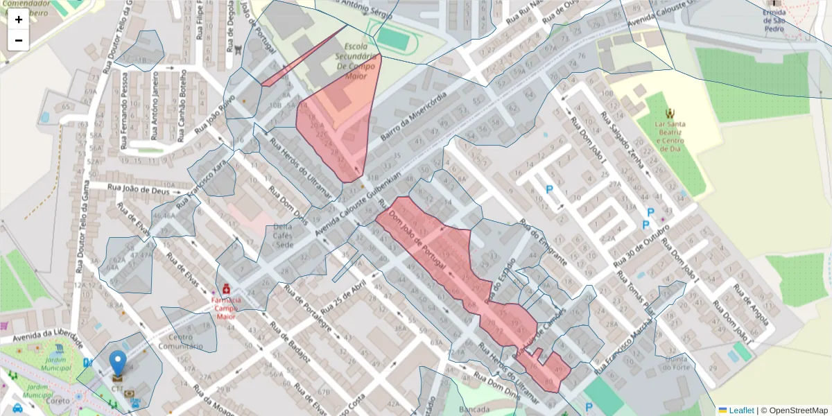 Mapa detalhado do código postal 7370-101 com limites, códigos postais vizinhos e agências dos correios