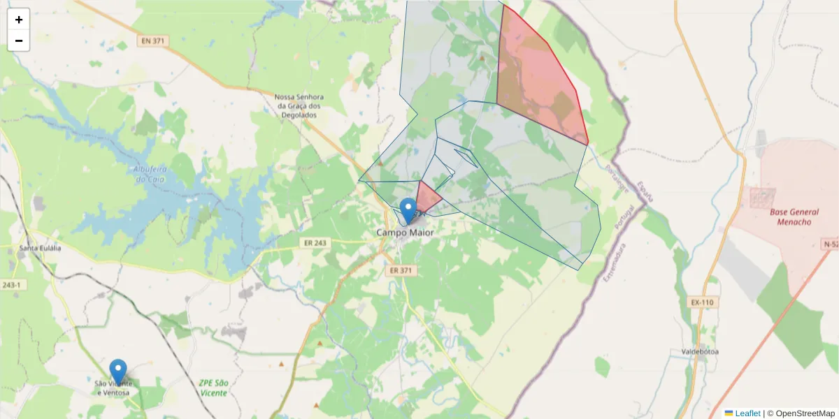 Mapa detalhado do código postal 7370-124 com limites, códigos postais vizinhos e agências dos correios