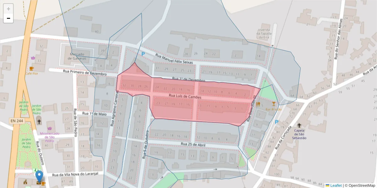 Mapa detalhado do código postal 7400-001 com limites, códigos postais vizinhos e agências dos correios