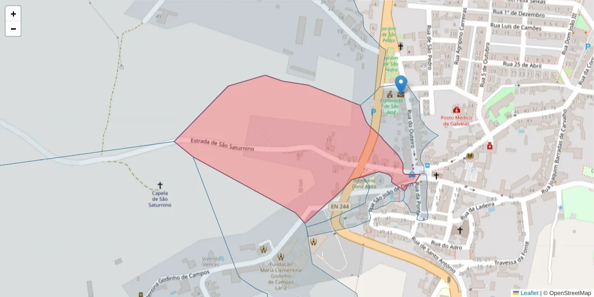 Mapa detalhado do código postal 7400-021 com limites, códigos postais vizinhos e agências dos correios