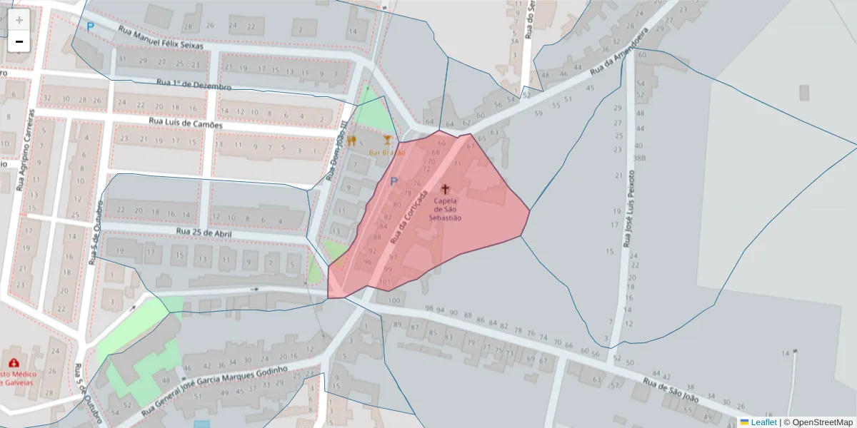 Mapa detalhado do código postal 7400-028 com limites, códigos postais vizinhos e agências dos correios