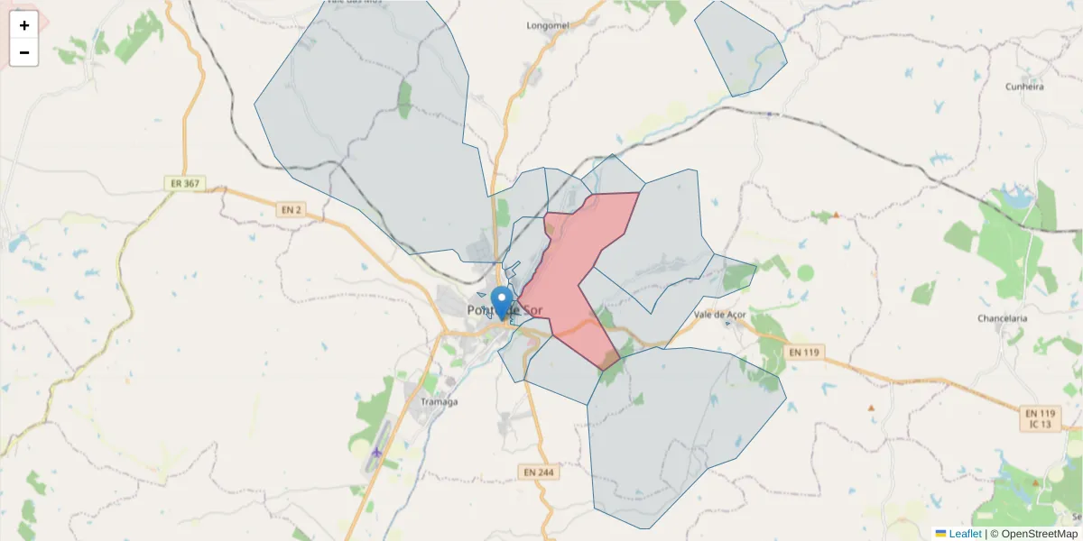 Mapa detalhado do código postal 7400-111 com limites, códigos postais vizinhos e agências dos correios