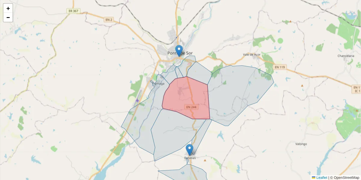 Mapa detalhado do código postal 7400-119 com limites, códigos postais vizinhos e agências dos correios