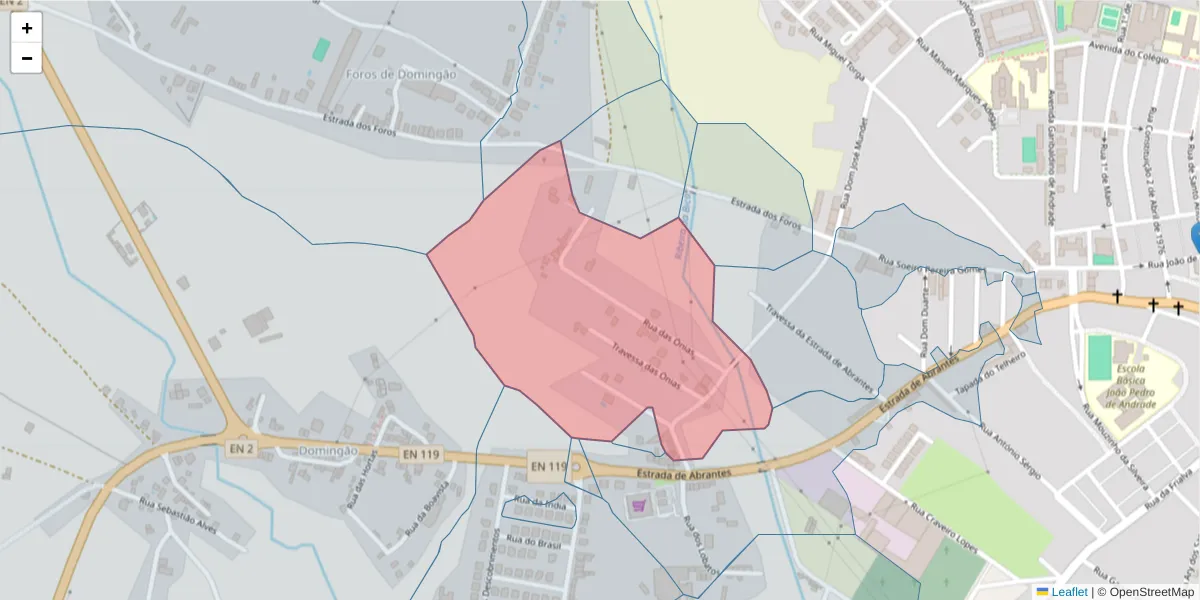 Mapa detalhado do código postal 7400-135 com limites, códigos postais vizinhos e agências dos correios