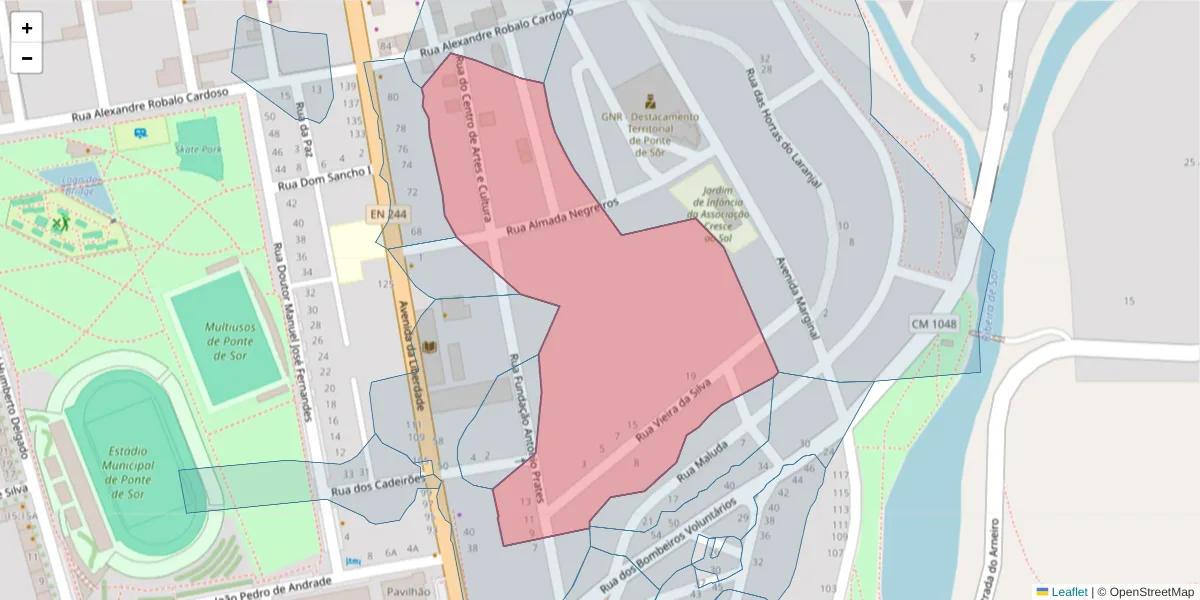 Mapa detalhado do código postal 7400-202 com limites, códigos postais vizinhos e agências dos correios