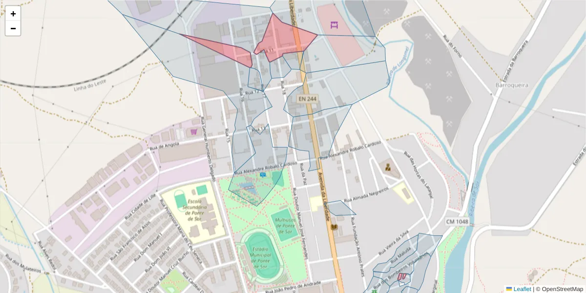 Mapa detalhado do código postal 7400-205 com limites, códigos postais vizinhos e agências dos correios