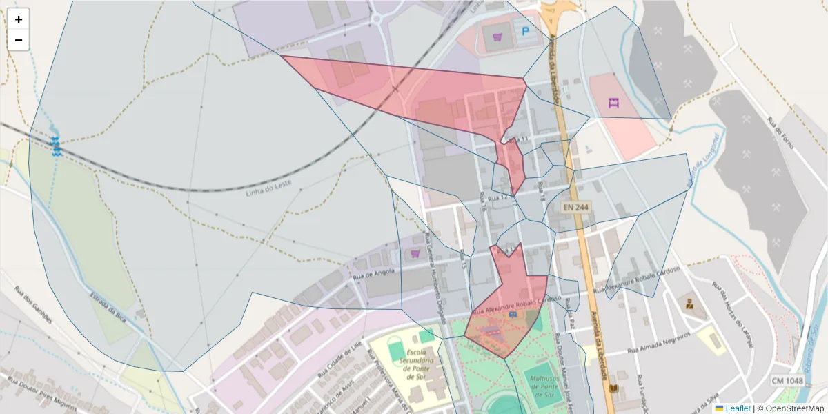 Mapa detalhado do código postal 7400-210 com limites, códigos postais vizinhos e agências dos correios