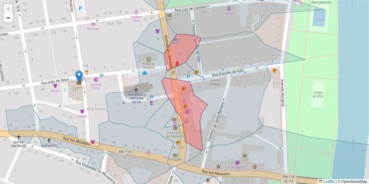 Mapa detalhado do código postal 7400-216 com limites, códigos postais vizinhos e agências dos correios