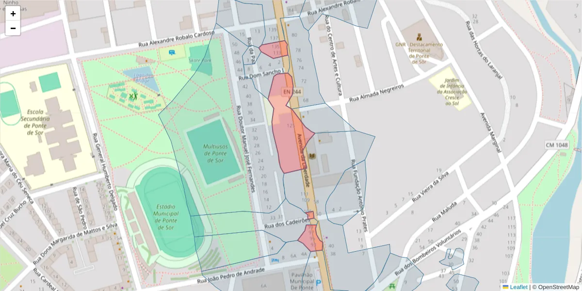 Mapa detalhado do código postal 7400-217 com limites, códigos postais vizinhos e agências dos correios