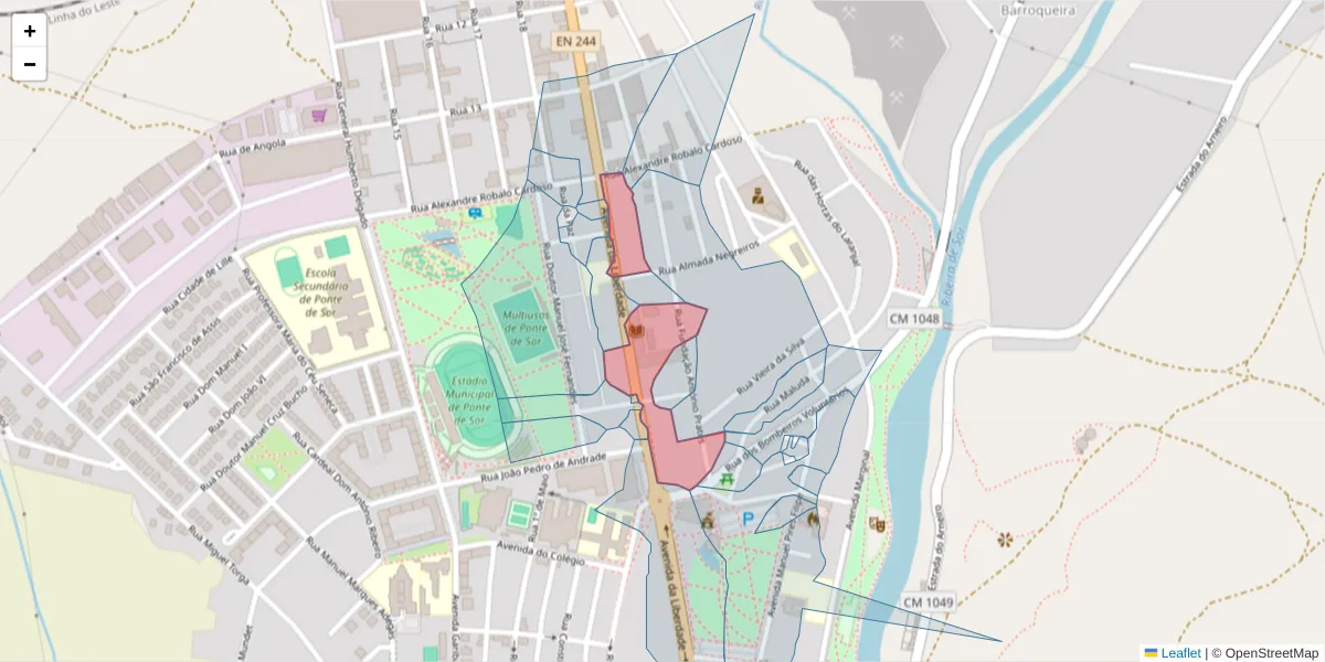 Mapa detalhado do código postal 7400-218 com limites, códigos postais vizinhos e agências dos correios