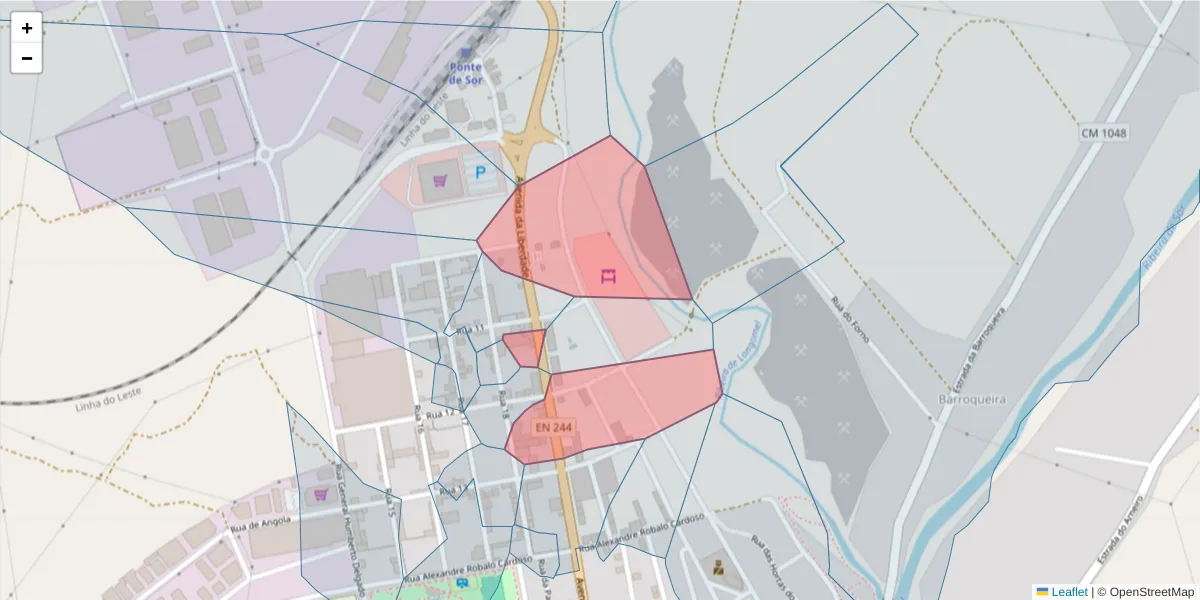 Mapa detalhado do código postal 7400-220 com limites, códigos postais vizinhos e agências dos correios
