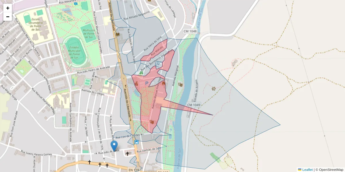 Mapa detalhado do código postal 7400-223 com limites, códigos postais vizinhos e agências dos correios