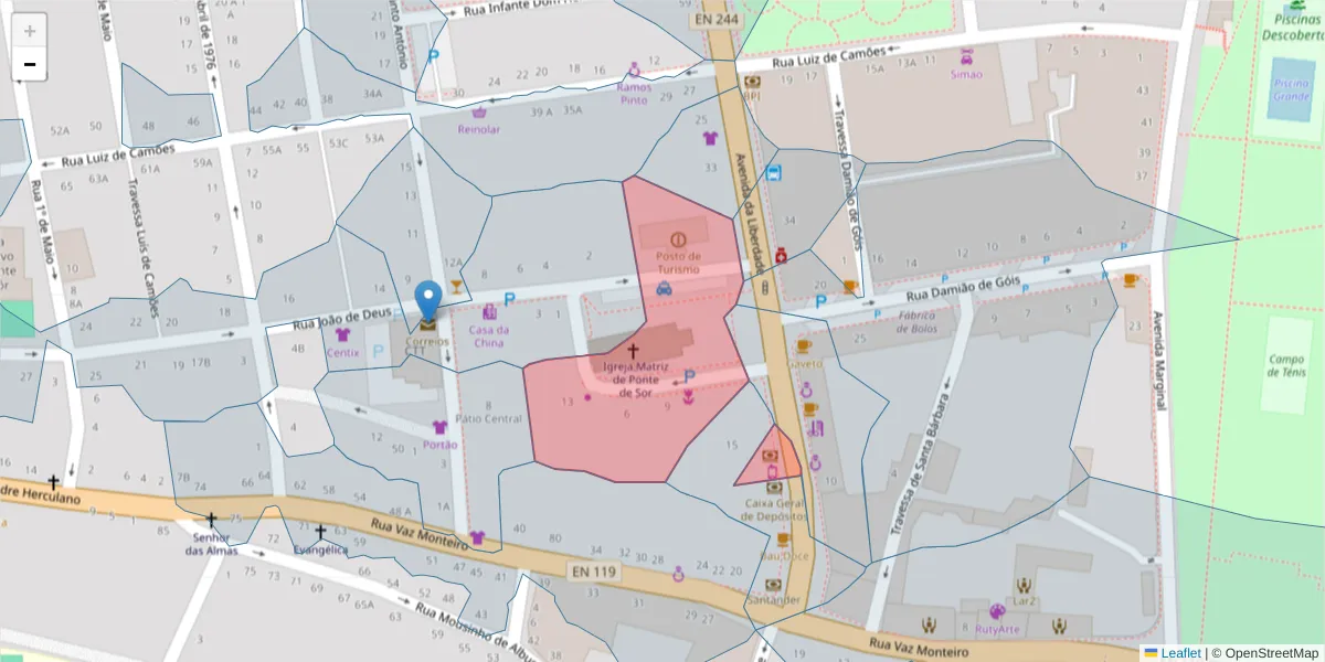 Mapa detalhado do código postal 7400-230 com limites, códigos postais vizinhos e agências dos correios