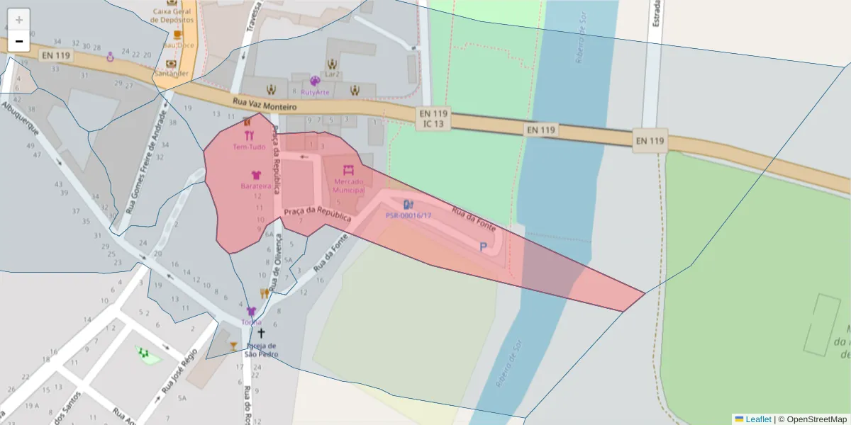 Mapa detalhado do código postal 7400-232 com limites, códigos postais vizinhos e agências dos correios