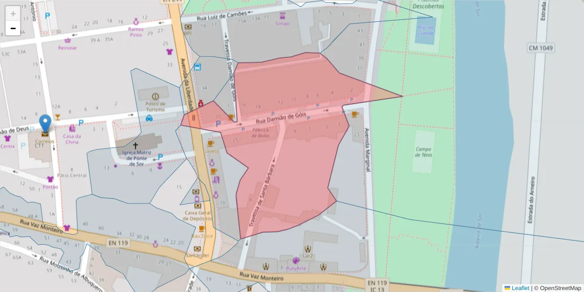 Mapa detalhado do código postal 7400-242 com limites, códigos postais vizinhos e agências dos correios