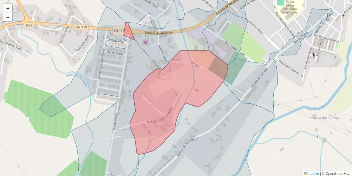 Mapa detalhado do código postal 7400-243 com limites, códigos postais vizinhos e agências dos correios