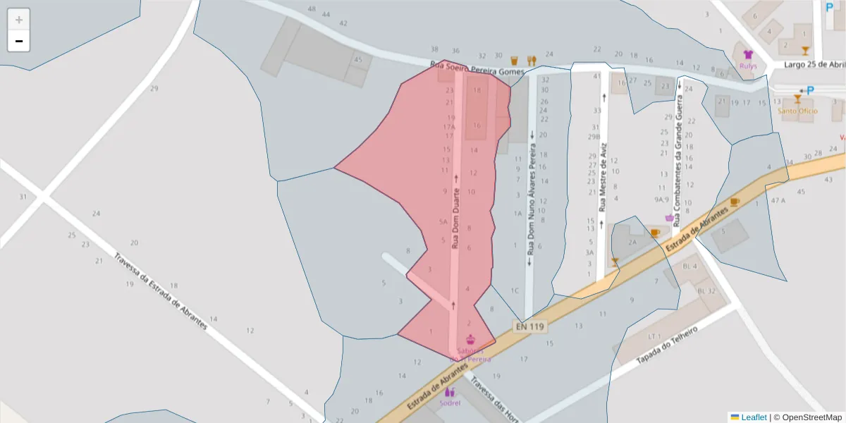 Mapa detalhado do código postal 7400-249 com limites, códigos postais vizinhos e agências dos correios