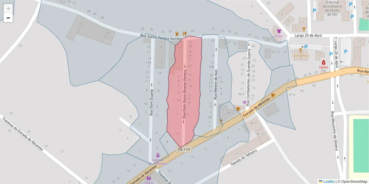 Mapa detalhado do código postal 7400-251 com limites, códigos postais vizinhos e agências dos correios