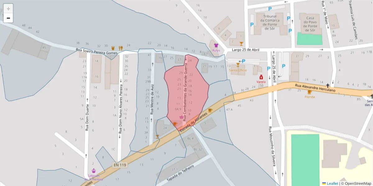Mapa detalhado do código postal 7400-252 com limites, códigos postais vizinhos e agências dos correios