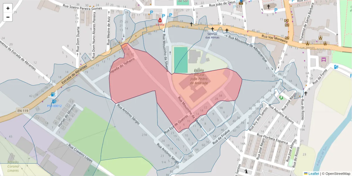 Mapa detalhado do código postal 7400-254 com limites, códigos postais vizinhos e agências dos correios