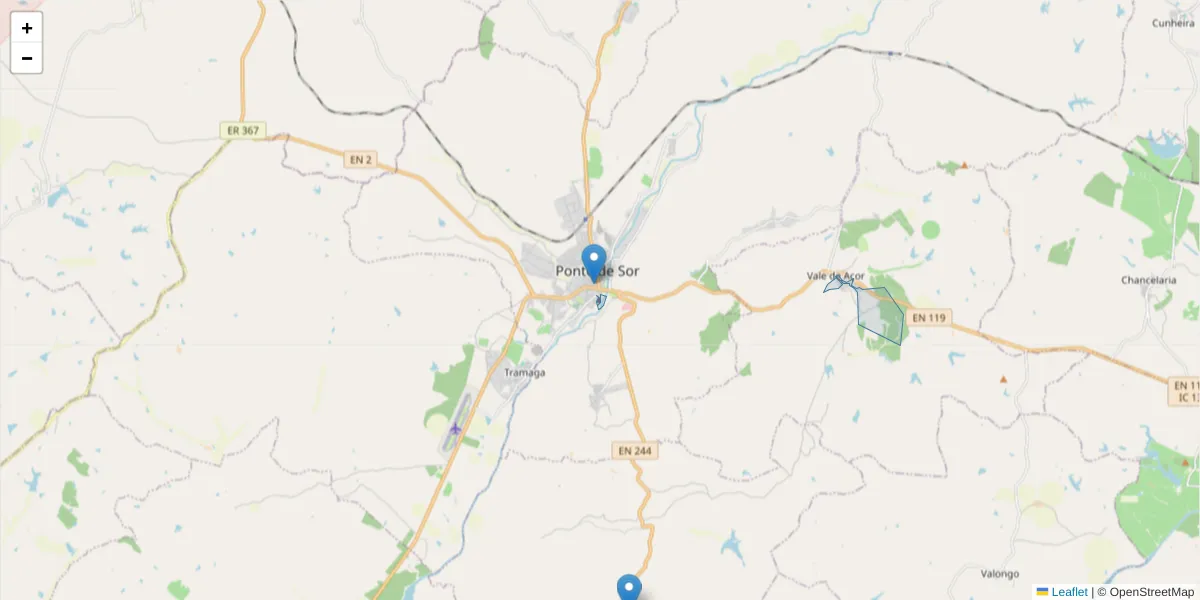 Mapa detalhado do código postal 7400-265 com limites, códigos postais vizinhos e agências dos correios