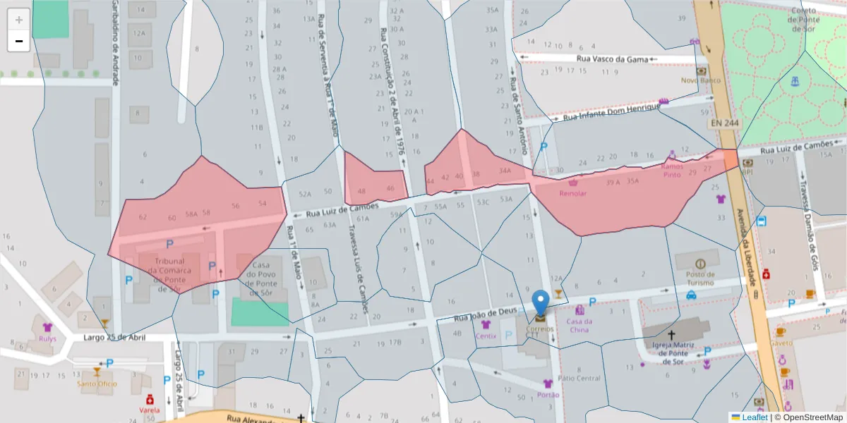 Mapa detalhado do código postal 7400-270 com limites, códigos postais vizinhos e agências dos correios