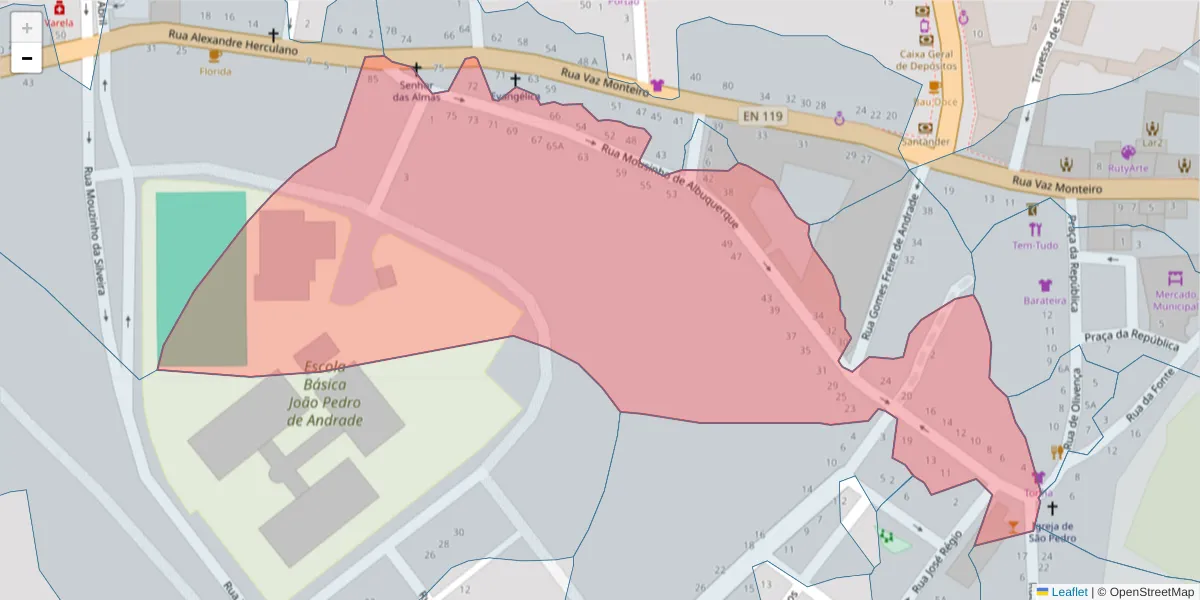 Mapa detalhado do código postal 7400-275 com limites, códigos postais vizinhos e agências dos correios