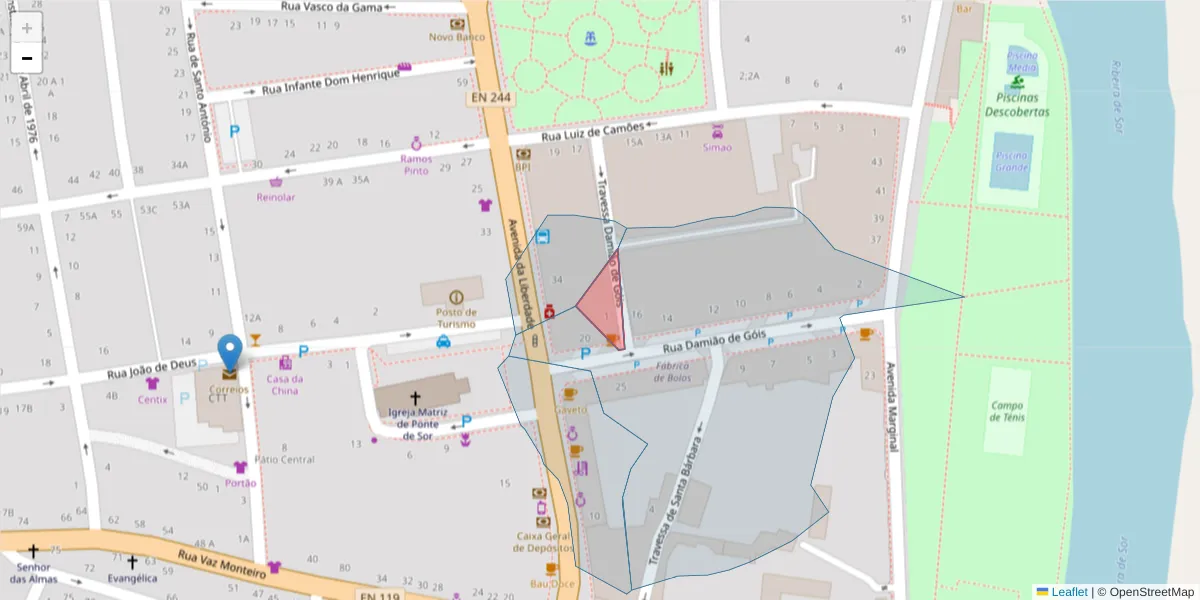 Mapa detalhado do código postal 7400-284 com limites, códigos postais vizinhos e agências dos correios