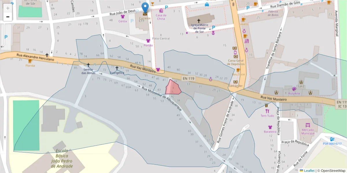 Mapa detalhado do código postal 7400-285 com limites, códigos postais vizinhos e agências dos correios