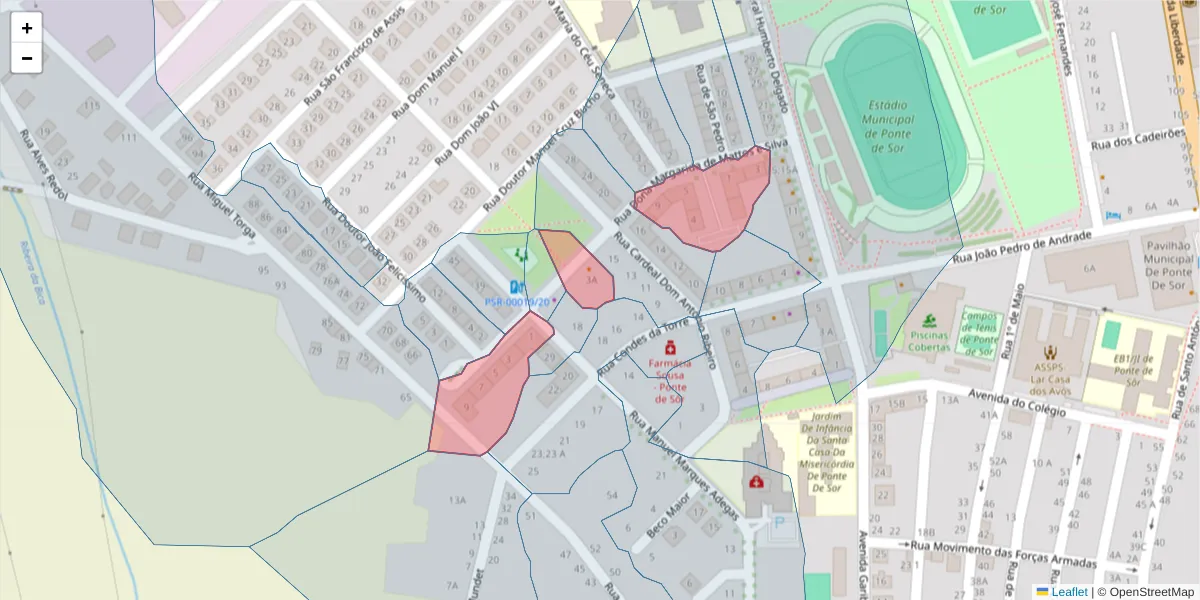 Mapa detalhado do código postal 7400-292 com limites, códigos postais vizinhos e agências dos correios