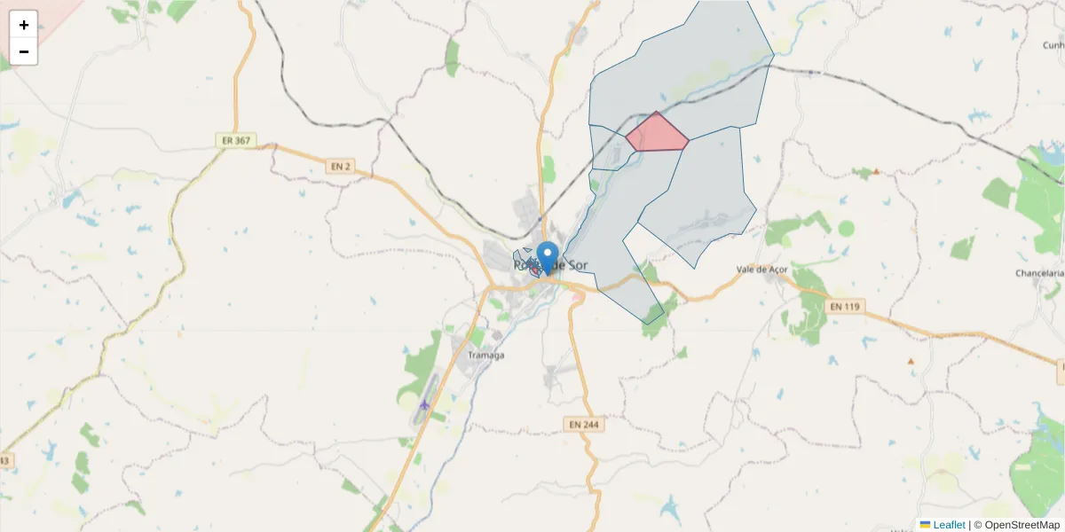Mapa detalhado do código postal 7400-293 com limites, códigos postais vizinhos e agências dos correios