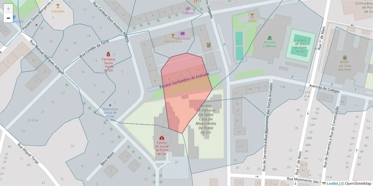 Mapa detalhado do código postal 7400-294 com limites, códigos postais vizinhos e agências dos correios