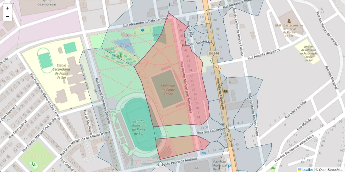Mapa detalhado do código postal 7400-296 com limites, códigos postais vizinhos e agências dos correios