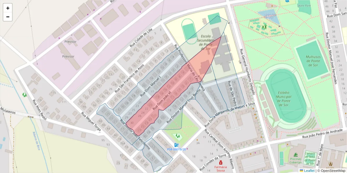 Mapa detalhado do código postal 7400-301 com limites, códigos postais vizinhos e agências dos correios