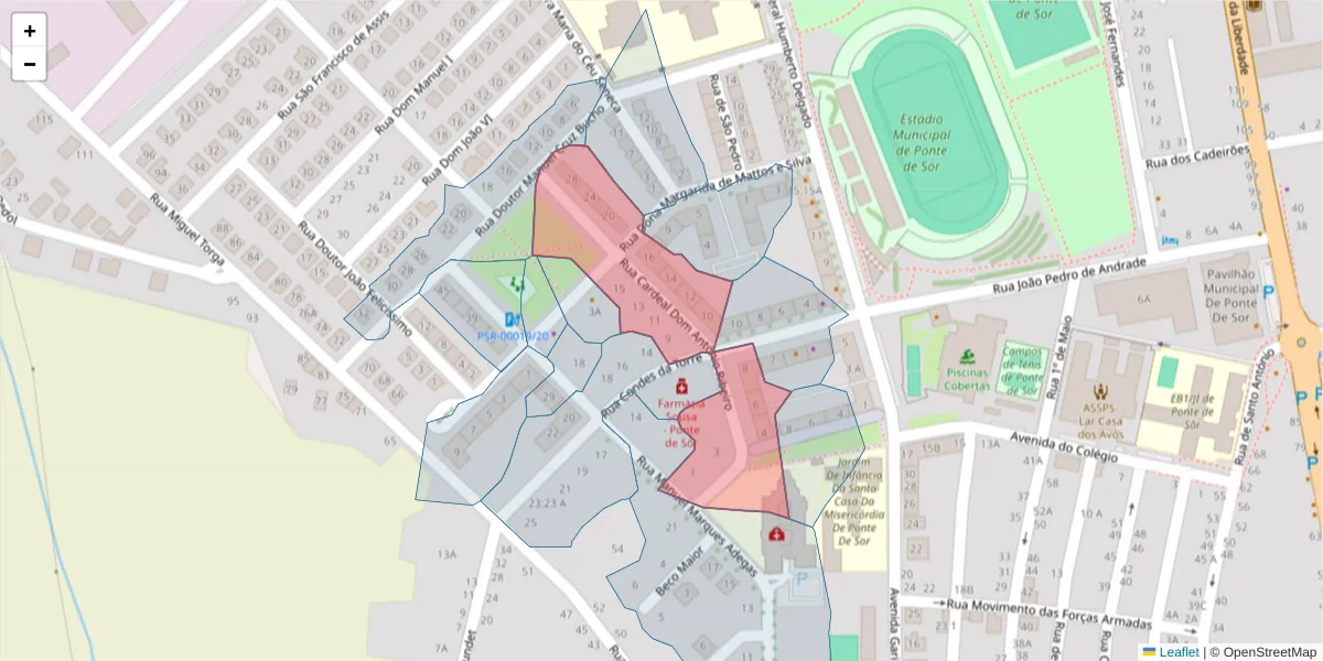 Mapa detalhado do código postal 7400-302 com limites, códigos postais vizinhos e agências dos correios