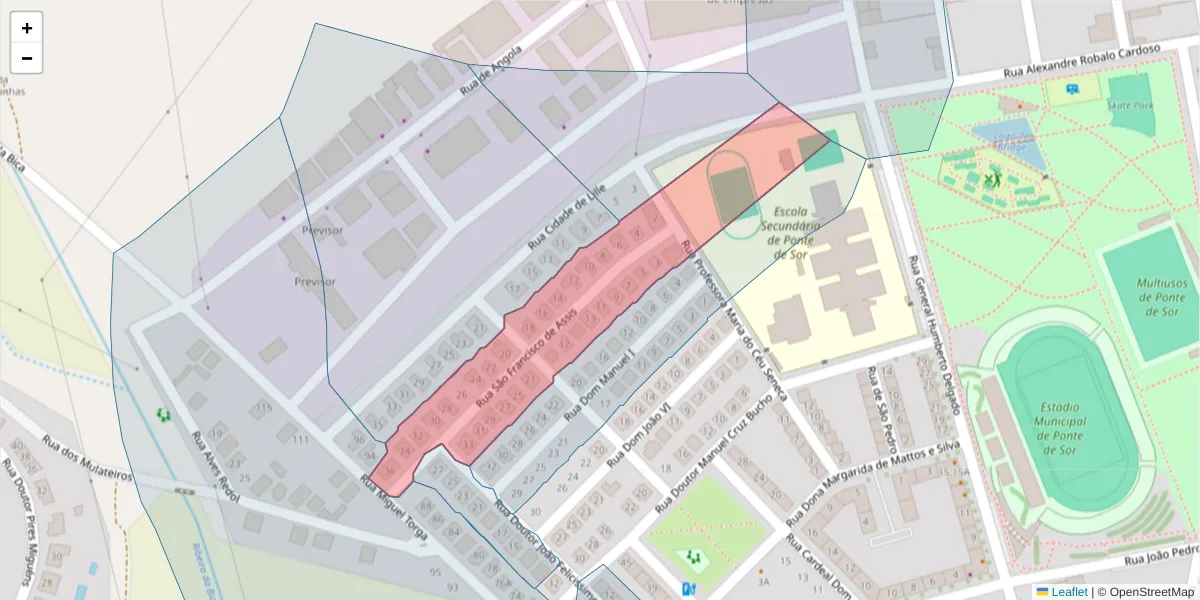 Mapa detalhado do código postal 7400-307 com limites, códigos postais vizinhos e agências dos correios