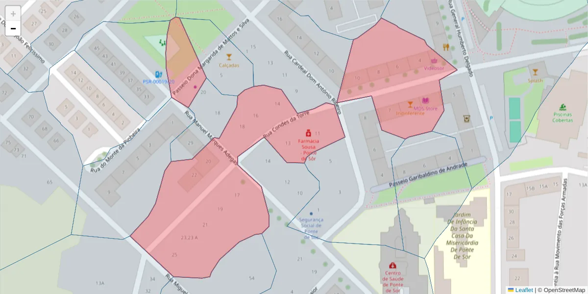 Mapa detalhado do código postal 7400-308 com limites, códigos postais vizinhos e agências dos correios