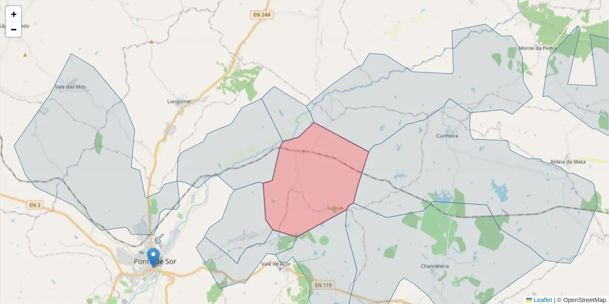 Mapa detalhado do código postal 7400-404 com limites, códigos postais vizinhos e agências dos correios