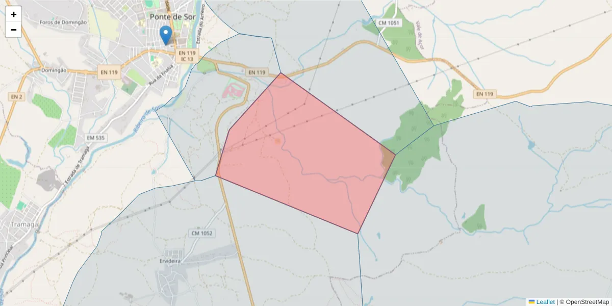 Mapa detalhado do código postal 7400-405 com limites, códigos postais vizinhos e agências dos correios