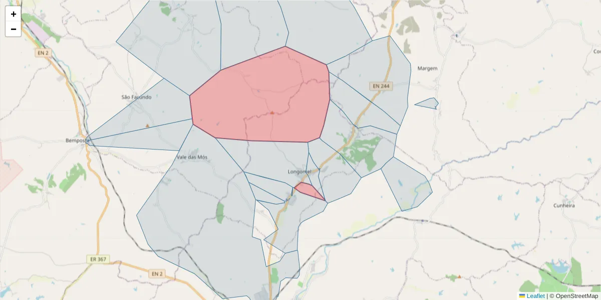 Mapa detalhado do código postal 7400-452 com limites, códigos postais vizinhos e agências dos correios