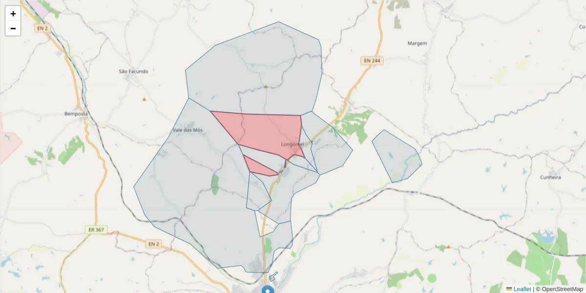 Mapa detalhado do código postal 7400-454 com limites, códigos postais vizinhos e agências dos correios