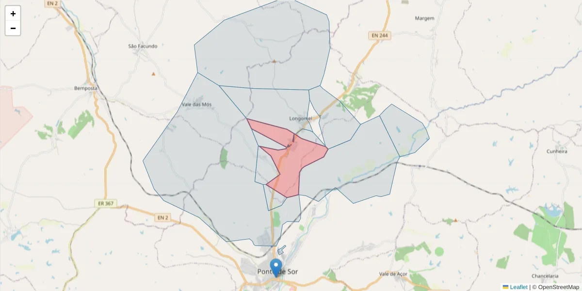 Mapa detalhado do código postal 7400-457 com limites, códigos postais vizinhos e agências dos correios