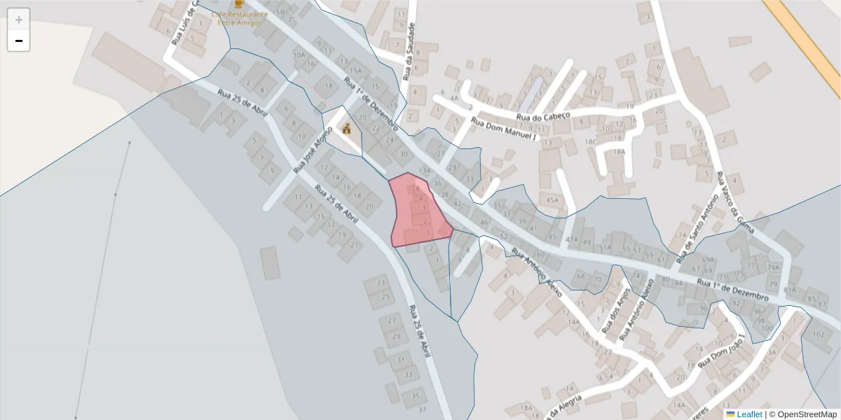Mapa detalhado do código postal 7400-525 com limites, códigos postais vizinhos e agências dos correios