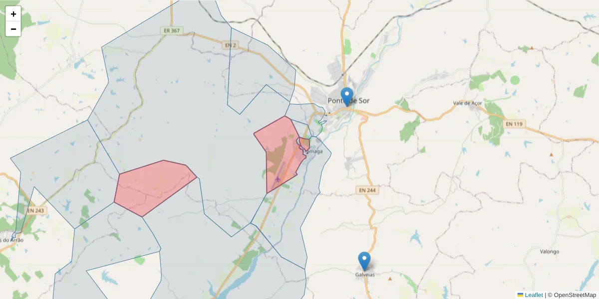Mapa detalhado do código postal 7400-601 com limites, códigos postais vizinhos e agências dos correios
