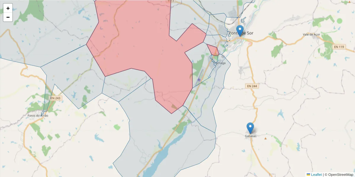 Mapa detalhado do código postal 7400-602 com limites, códigos postais vizinhos e agências dos correios