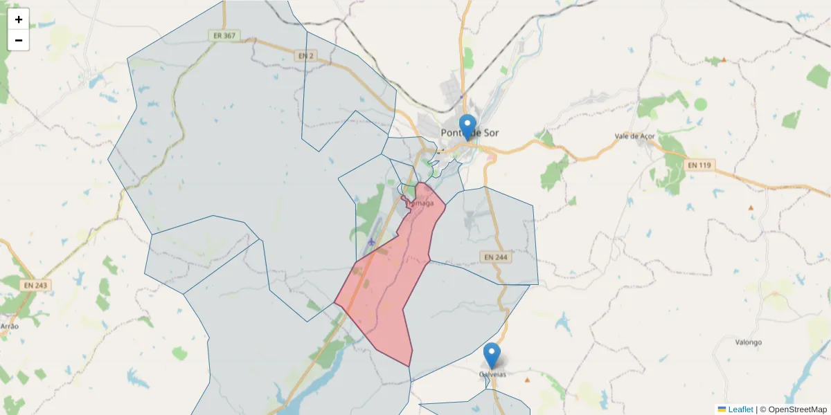 Mapa detalhado do código postal 7400-604 com limites, códigos postais vizinhos e agências dos correios